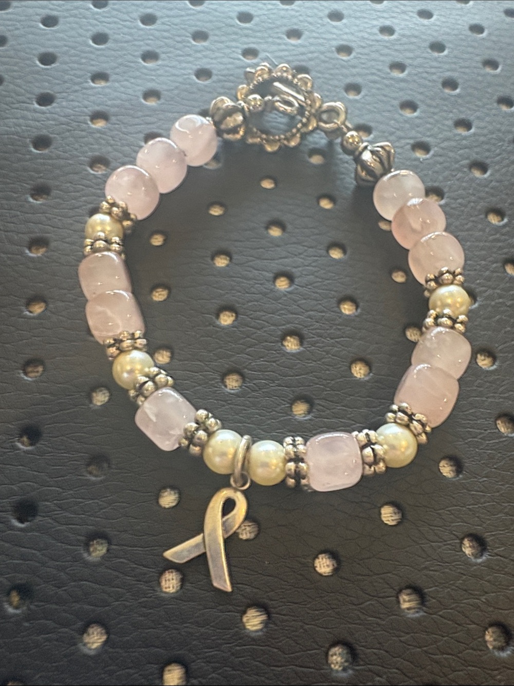 Breast cancer Pink Beaded Bracelet with Ribbon Charm